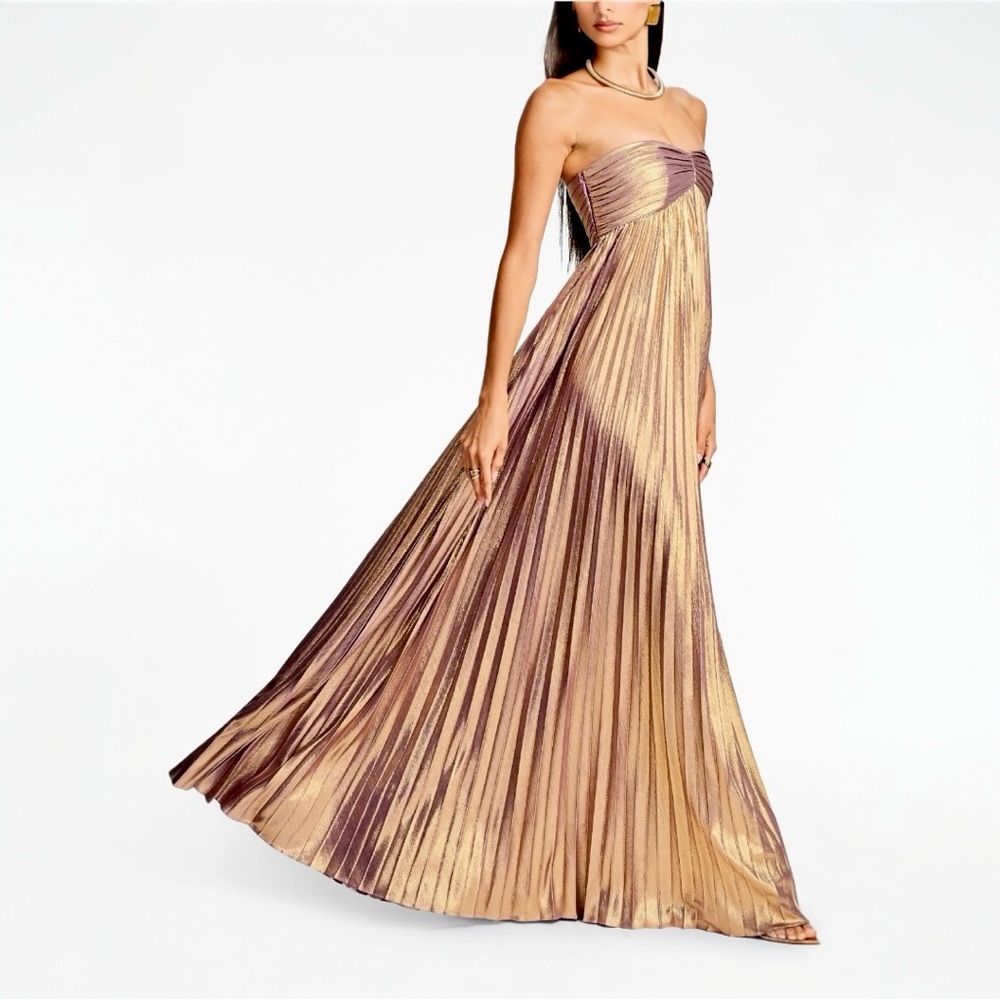 Retrofête Lyanna Metallic Pleated Sweetheart Strapless Maxi Dress Evening Gown - Picture 3 of 15